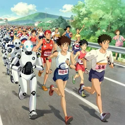 robots and people run a marathon, yoshiyuki sadamoto artgerm greg rutkowski makoto shinkai studio ghibli, artstation