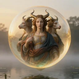 a closeup portrait of a three - headed horned women, floating in huge levitating luminescent orb, in a foggy pond, golden hour, by jan van eyck