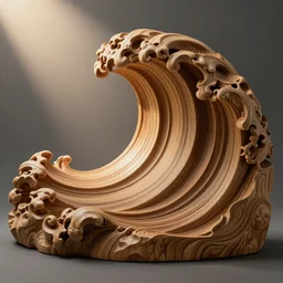 a very intricate wood sculpture in the shape and texture of waves, deep and expressive grain patterns, volumetric lighting, light rays, photorealistic, ultrarealistic, coronarender, 8k