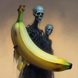 something strange in my large banana, close up of large banana, by zdzislaw beksinski, by dariusz zawadzki, by wayne barlowe, gothic, surrealism, cosmic horror, lovecraftian, cold hue's, warm tone gradient background, concept art, beautiful composition