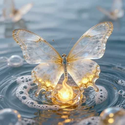 Transparent marble butterfly , flowing water, glowing gold embers, spiritual vibes, glass flame, amaro, art nouveau, foamy bubbles, Redshift render, cgi, 3d, hyper-detailed, ultra-realistic, photo-bash, 8k post-production, masterpiece