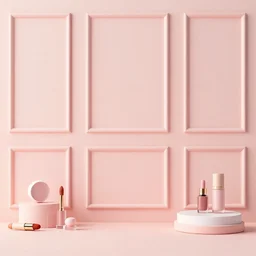 photo realistic backdrop with raised panels, pastel colours, cosmetics, product placement, 3 d, cosmetics