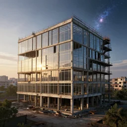 a beautiful photorealistic highly detailed sunroom unfinished building urbex industrial architecture architecture by denis sarazhin, galactic at night magic realism morning sun hyperrealism, archdaily, wallpaper, highly detailed, trending on artstation.