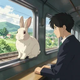 a rabbit on a train in a japanese anime, rabbit, pa works, kyoani, studio orange, anime, contrast, pixiv, artstation, by satoshi kon, by peter mohrbacher