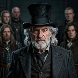 A fancy portrait of a grey hair old halfling with stubble top hat and suit by Greg Rutkowski, Sung Choi, Mitchell Mohrhauser, Maciej Kuciara, Johnson Ting, Maxim Verehin, Peter Konig, Bloodborne, 8k photorealistic, cinematic lighting, HD, high details, dramatic, dark atmosphere, trending on artstation