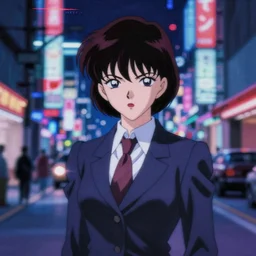blurry and dreamy screencap of a character from 8 0 s horror anime, sinister woman with short hair wearing dress suit with tie, satoshi kon anime, character design by yoshitaka amano and junji ito, glitchy vhs tape, streets of night tokyo in the background, perfect blue color palette, noisy film grain effect, blurry image