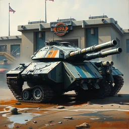 hovering battle tank armed with cannons, parked in front of a command station, highly detailed oil painting, impasto brush strokes, soft light, 8 k, cyberpunk colour palette, dramatic composition, dramatic lighting, sharp focus, concept art, masterpiece, by adrian ghenie and jenny saville and zhang jingna