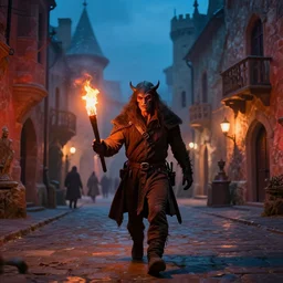 A dark creature walks through a medieval city, torches, vibrant colors, medieval