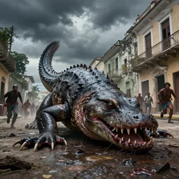 a scary gigantic monster on the floor that looks like a mixture of monk-fish with crocodile limbs, wet and slimy, with a very large mouth, dragging its enormous weight with effort on the street, is on the street of Jamestown in Santa Elena in 1815   there are some people fleeing in terror, photo-realistic, stormy sky, photo by national geographical