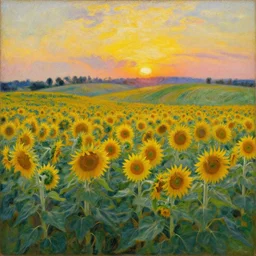 impressionist painting of a large field of sunflowers with grassy hills in the distance at sunset