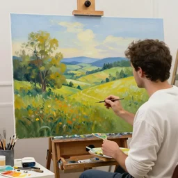 a painting of an artist painting in front of a beautiful landscape