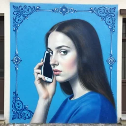 bright blue, shikki decorative by hieronymus bosch, by linnea strid. a beautiful street art. her cell is as bare as mine. she is sitting in the middle, hugging her knees, wrapped in a toga - like garment.