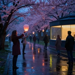 people releasing floating lanterns, chillwave, cherry blossoms, tech noir, wet reflections, atmospheric, ambient, livia prima, greg rutkowski, edward hopper, pj crook
