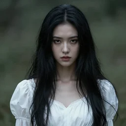 hyper realistic detailed photo of a paludnitsa. perfect face, beautiful, white dress, menacing, melancholic, long black hair, highly detailed, sharp focus, art by eddie mendoza, highly detailed, award winning.
