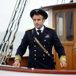 Emmanuel Macron on a steamboat, dressed like 1912 ship captain, 50mm photography, high quality, 4K