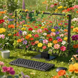 “a garden full of flowers by zdzisław beksiński, a desktop computer camouflaged into the flowers, bright and colorful wikimedia commons, morbid, ArtStation, Deviantart, HD screenshot”