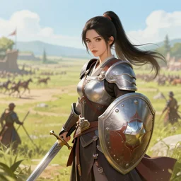A beautiful female warrior with a sword and shield overlooking a grand battlefield in the style of Overlord by studio madhouse and berserker by Kentaro Miura, in color, zoomed out, high angle, anime style