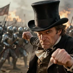 cinematic close up artwork of middle aged spiffing gentleman with a top hat fighting in the heat of battle against an army of medieval warriors by greg rutowski, 4 k, fantasy, masterpiece