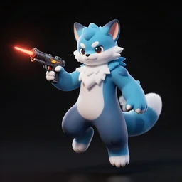 “ furry monster character holding laser gun, floating, with a black dark background, digital art, award winning, trending on art station ”