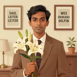 artwork by Saul Leiter and Enjolras Delphin and Wes Anderson, of a solo individual portrait of an Indian guy with lilies, dapper, simple illustration, domestic, nostalgic, full of details, Matte painting, trending on artstation and unreal engine