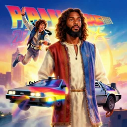 colourful 3 d vfx - movie poster - art of an african jesus jesus and a flying delorean, back 2 the future, art style by drew struzan, joseph christian leyendecker & ernie barnes, unreal engine render, digital illustration, sharp, intricate detail, volumetric light, ray tracing, golden hour, pinterest, artstation, behance