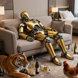 portrait photo of a shiny golden and blue metallic futuristic steampunk humanoid robot sleeping on a sofa in a modern hotel room, empty bottles all over the floor, in the foreground is a tiger and a chicken, messy, pressphoto, insanely detailed, wide shot
