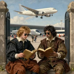 “a gorgeous renaissance painting of a blond man and a dark haired man, sitting in at the gate of a busy airport reading old books. They’re wearing monocles. an airplane is taking off in the background. Trending on artstation, rendered in 8k with unreal engine”