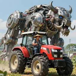 an intricate concept art, fantasy, asian farmer with straw hat in a tractor, a large mechanical biomes, megafauna, low - angle, close up shot, ultra photorealistic, ultra sharp, artstation, cgsociety, masterpiece, anime colors, by ivan talavera, by wlop, octane render, 8 k