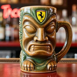 a closeup photorealistic photograph of a ferrari themed tiki mug at at a trader vic's bar featuring the face of young enzo ferrari. the mug handle is made from a ferrari emblem. tiki theme. bright scene. fine detail. this 4 k hd image is trending on artstation, featured on behance, well - rendered, extra crisp, features intricate detail, epic composition and the style of unreal engine.