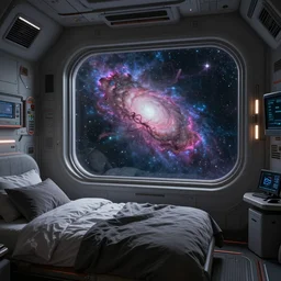 a bedroom in a spaceship, futuristic, detailed, nebula outside of window, by victo ngai,