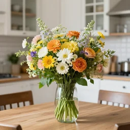 a beautiful bouquet of summer flowers in a vase on the kitchen table