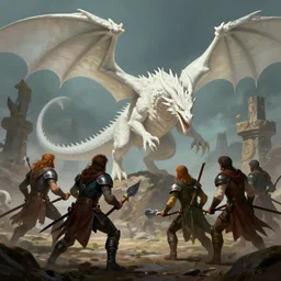 a white dragon attacking a group of 5 adventures, dungeons and dragons, digital art, by John Howe and Alan Lee and Larry Elmore