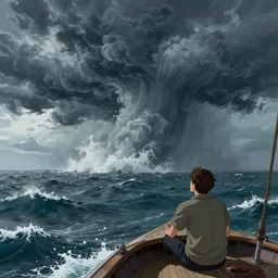 a single man on a boat who is amazed by the beauty of a huge storm in the middle of the sea that is about to absorb him and end his life, illustration, digital art, d & d, trending on art station, masterpiece