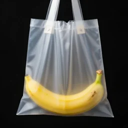a TRANSLUCENT bag containing a banana, black background