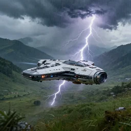 Futuristic spaceship flying on high speed through rainstorm above grassy valley with gorgeous mountain range in the background, view from above, wide shot, cinematic, dramatic volumetric lightning, epic composition, 8K Ultra HD, high detail, Octane render