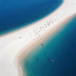 an aerial drone photo of a crowded white sands beach and deep blue waters, 2 large sharks in water, fine art photography, trending on Instagram, water caustics