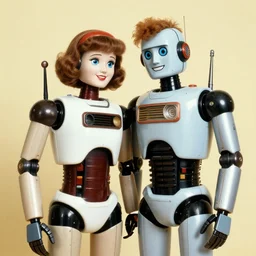 middle shot, male and female robots are in love with each other pose for a photo, circa 1 9 8 4