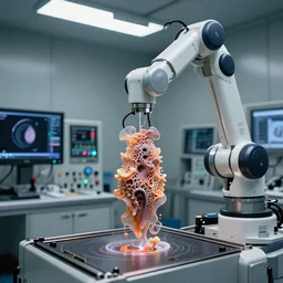 a complex thick bifurcated robotic cnc surgical arm cybernetic symbiosis hybrid mri 3 d printer machine printing some highly detailed larval stage squid embryo organic ceramic fractal forms in inspection laboratory control panel room, lcd screens, knobs, drone camera lens orbs, 3 point lighting, highly detailed larval stage, natural color scheme, photo still from movie by denis villeneuve, trex!!!!!!!!!!!!