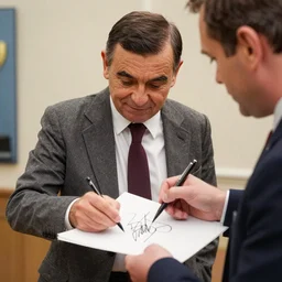 a fan asks mr. bean for an autograph, natural lights, hyper realistic, award winning photo by rudolf balogh