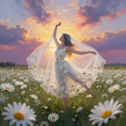 veil made of giant white daisy flower, girl dancing in a flower field, surreal photography, sunrise, dramatic light, impressionist painting, colorful clouds, digital painting, artstation, simon stalenhag