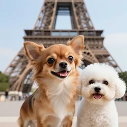 a photorealistic closeup image of a cute brown colored long haired chihuahua cocker spaniel dog with a happy white bichon frise dog in paris at the eiffel tower. brightly lit. extreme detail. 4 k hd unreal engine