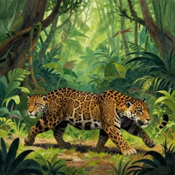 a drawing of a strange jungle, with a large animal stalking in the foreground ( a reptilian jaguar ).