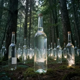 a forest with trees made of large glass vodka bottles, dramatic lighting, ethereal
