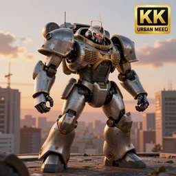 Urbanmech defending city at sunset, battletech, mechwarrior, hyperrealistic, photorealistic, ultra hd, rendered in Unreal engine, artstation, digital illustration, highly detailed, intricate, award-winning, 4k, beautiful colors, cinematic lighting