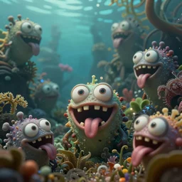 of an intricate murky underwater ridge with strange cute friendly laughing creatures with huge eyes, long tongue, square teeth and funny face appearing from the foliage, in the style of dan mumford, macro lens, shallow depth of field, highly detailed, digital painting, trending artstation, concept art, illustration, cinematic lighting, vibrant colors, photorealism, epic, octane render
