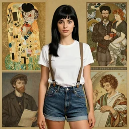 a woman with black hair and long pixie haircut in shorts with suspenders and white t-shirt drawn by george bellows, norman rockwell, frank frazetta, alphonso azpiri, peter paul rubens, alphonse mucha, gustav klimt 4k, unreal 5, DAZ, french noveau, trending on artstation, octane render, hyperrealistic