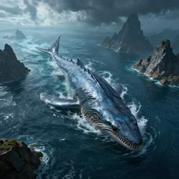 top down view of an alien ocean, sea leviathan serpent emerging out of the water, mountains sticking out of the ocean, storm, octane render, detailed, cinematic lighting, dramatic lighting