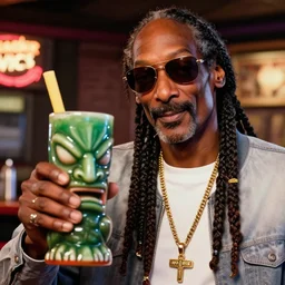 a closeup photorealistic photograph of snoop dogg at trader vic's bar while holding a snoop dogg style tiki mug. brightly lit scene. this 4 k hd image is trending on artstation, featured on behance, well - rendered, extra crisp, features intricate detail, epic composition and the style of unreal engine.