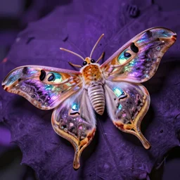 high quality macro photo holographic cecropia moth! jeweled gorgeous! highly detailed digital art david ligare elson peter cinematic purple neon lighting high quality low angle hd 8k sharp shallow depth of field