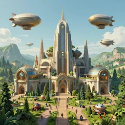 a dwarven city with retrofuturist art deco architecture, the city is marbled with forested parks, steampunk airships fly overhead
